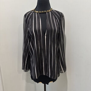 HALSTON HERITAGE Gauzy Striped Blouse 6 Black White Chic
